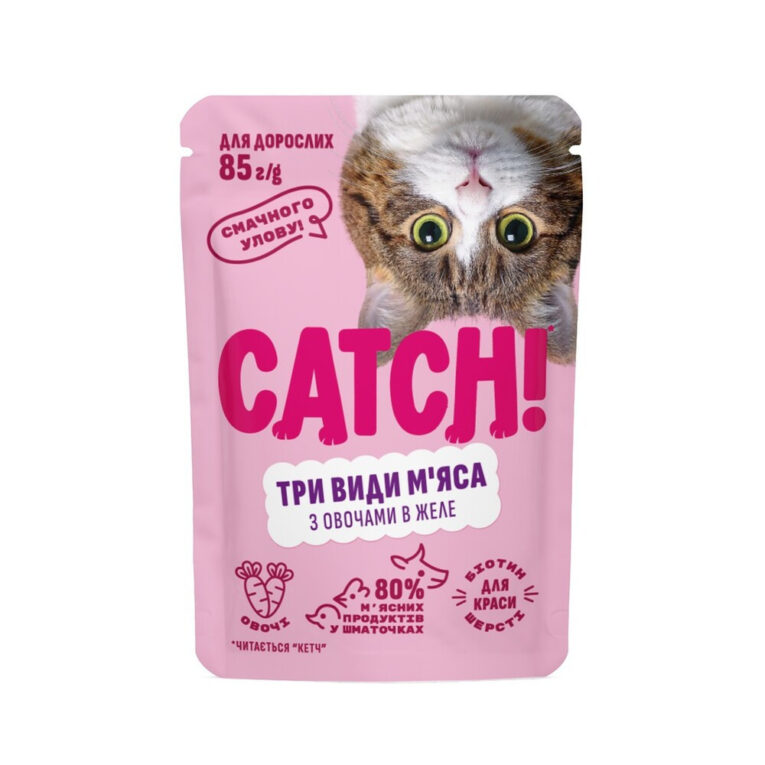 CATCH! влажный корм для кошек, три вида мяса с овощами в желе 85 г